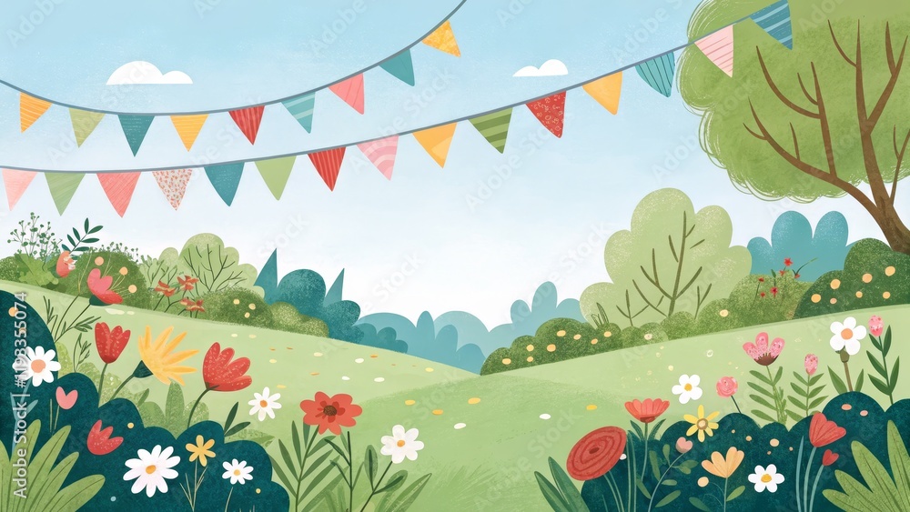 Fototapeta premium Festive Spring Landscape Illustrated Floral Garden with Bunting, Flat Design, Vector Art, Kids Illustration Spring, Garden Party