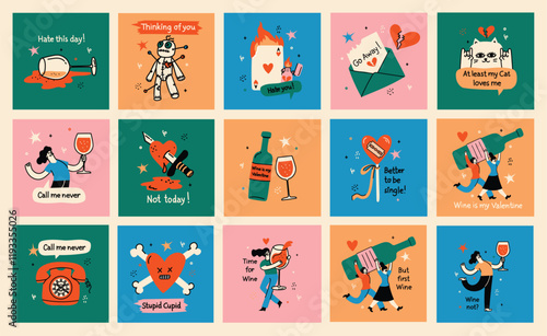 Groovy valentine s day greeting cards with funny quote and illustrations. Anti Valentines day poster for t shirt design, textile print and gifts design. Vector illustrations