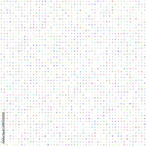 letters special characters and numbers of ASCII code with random colors on white background