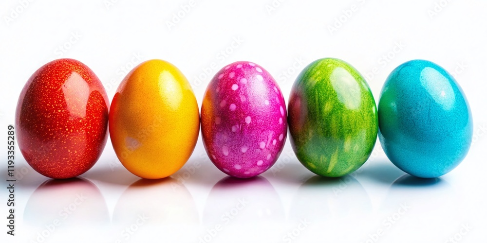 Colorful Easter Eggs on White Background with Copy Space for Spring Greetings Colorful Easter Eggs on White Background with Copy Space for Spring Greetings