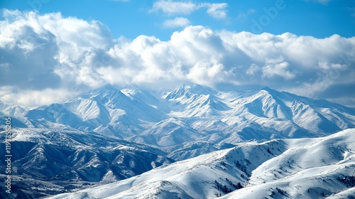 Snowy mountain peaks of the Caucasus Mountains rise into a cloudy blue sky in Azerbaijan's Shahdagh region. photo