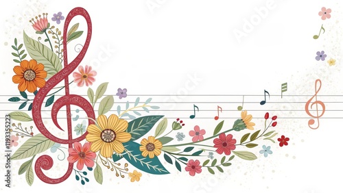 Floral Treble Clef Composition Music Notes, Flowers, Botanical Illustration, Vintage Style floral design, music art