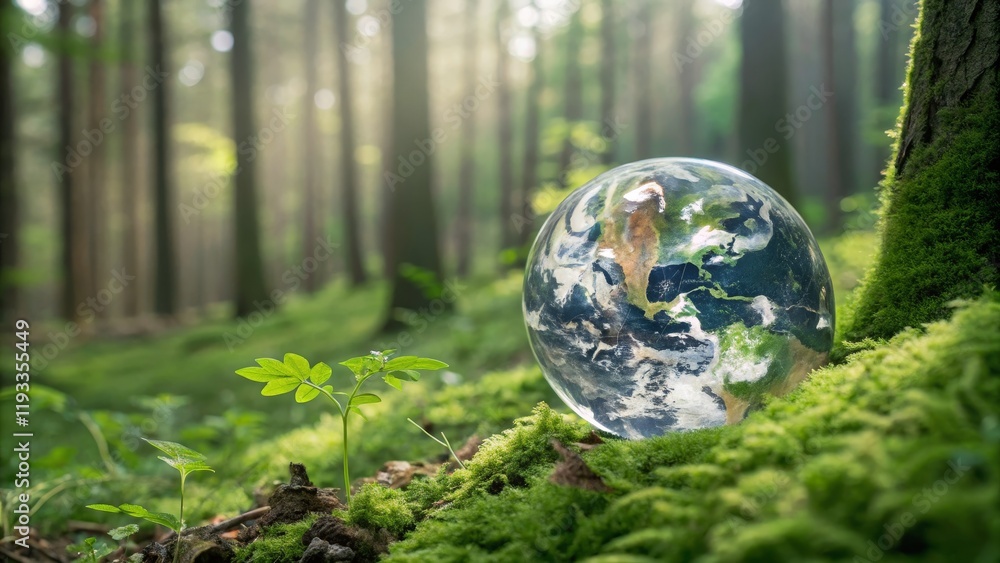 Glass Earth Globe in Forest Setting Lush Moss, Sapling and Defocused Trees, Environmentalism, Nature Environmental Conservation, Eco-Friendly Glass Earth Globe in Forest Setting Lush Moss, Sapling and Defocused Trees, Environmentalism, Nature Environmental Conservation, Eco-Friendly