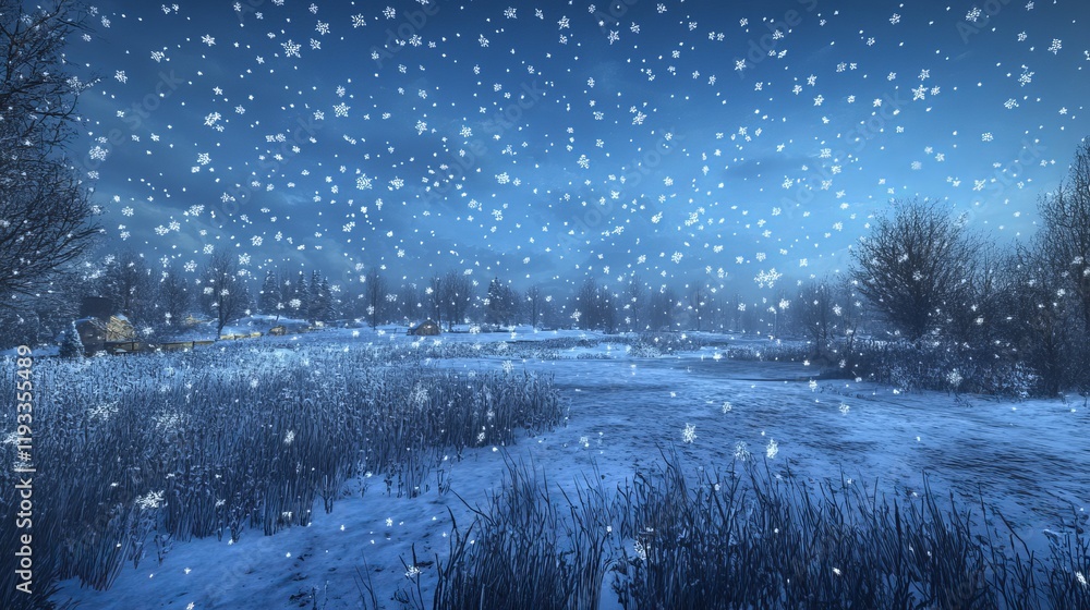 Fototapeta premium Snowy winter landscape with a blue sky and falling snowflakes, perfect for Christmas and New Year celebrations.