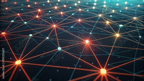 Glowing Network Abstract Digital Connection, Orange and Teal Lines, Node Visualization, Network Topology Network, Connectivity