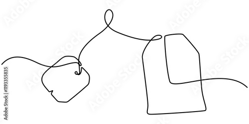 one continuous line drawing of tea bag.one line drawing of tea bag icon.single line vector illustration.isolated white background, One continuous line drawing of paper tea bag. Hot herbal drink. 