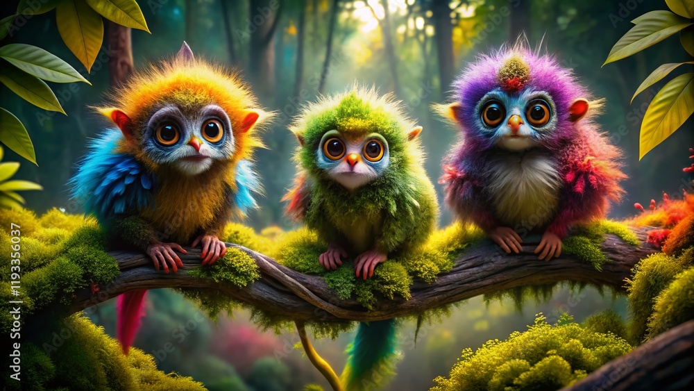 Naklejka premium Colorful Fuzzy Creatures on Mossy Branch - Fantasy Nature Stock Photo
