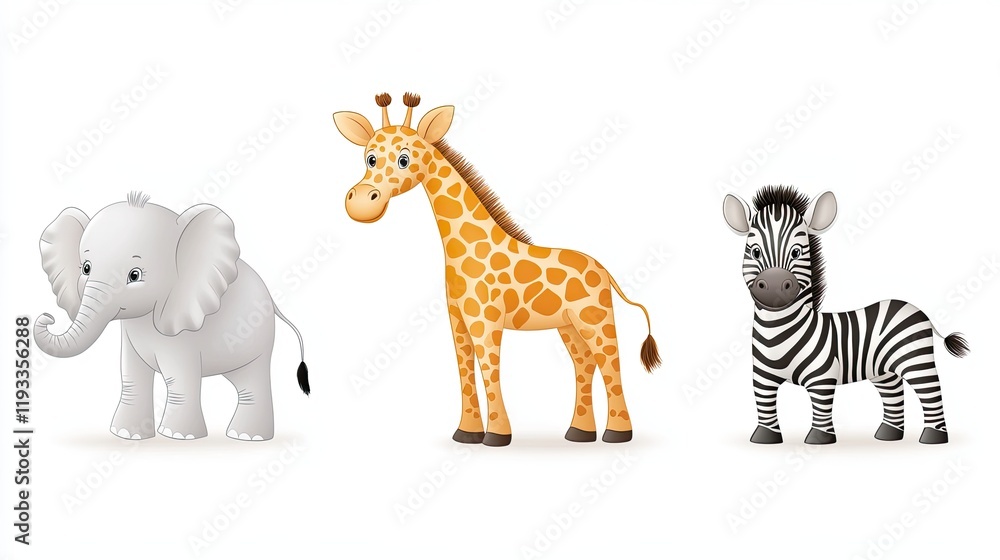 Fototapeta premium Adorable safari nursery art, Adorable Safari Animals for Nursery Art animal baby elephant, giraffe, zebra white background.