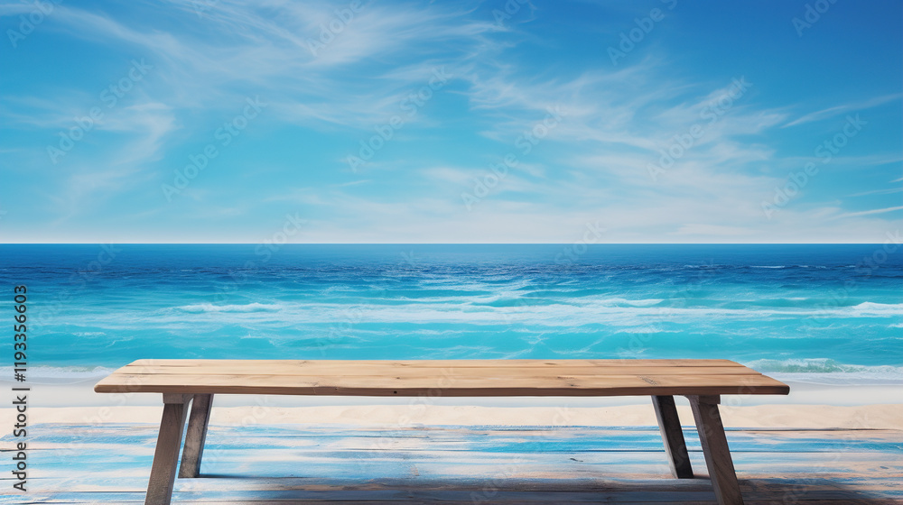 Wooden Table on Beach with Ocean View Wooden Table on Beach with Ocean View