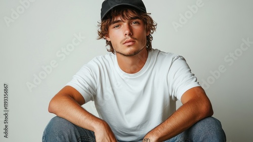 Young man in casual attire sitting on the floor with a thoughtful expression against a plain background