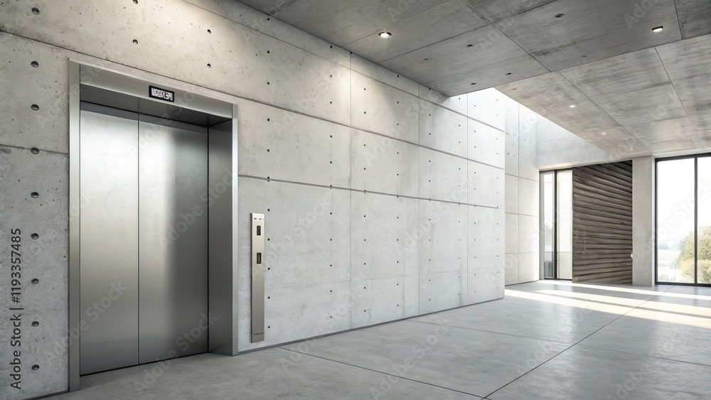 Modern Elevator in Concrete Hallway Architectural Visualization, Concrete Wall, Steel Door, Minimalist Design Architectural rendering, Interior design Modern Elevator in Concrete Hallway Architectural Visualization, Concrete Wall, Steel Door, Minimalist Design Architectural rendering, Interior design