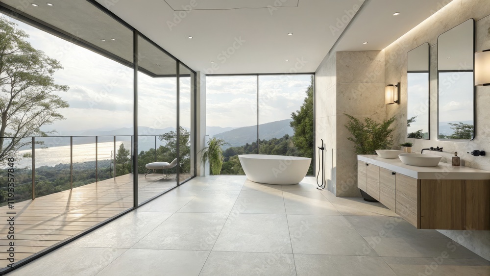 Fototapeta premium Modern Minimalist Bathroom Design Panoramic View, Freestanding Tub, Light Wood Vanity, Large Windows. Bathroom Design, Luxury Bathroom