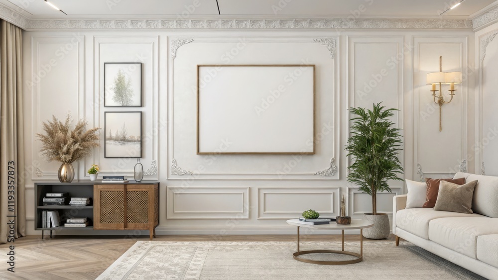 Fototapeta premium Modern Living Room Mockup Large Square Frame, Beige Sofa, Wooden Cabinet, Interior Design,Home Decor Modern Interior, Room Design