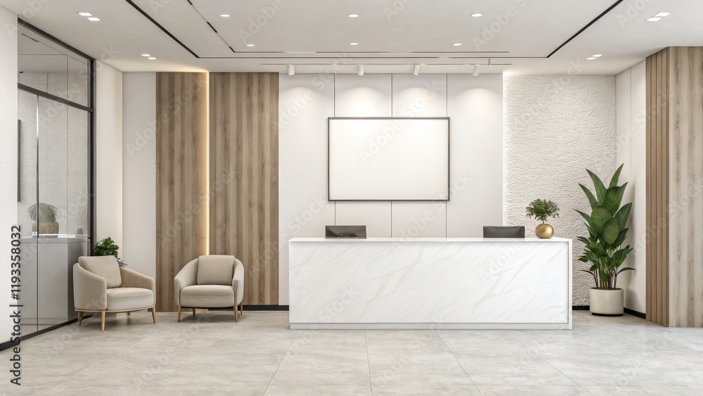 Obraz premium Modern Office Reception Marble Counter, Wood Paneling, Minimalist Design, 3D Render, Interior Design Reception desk, office design
