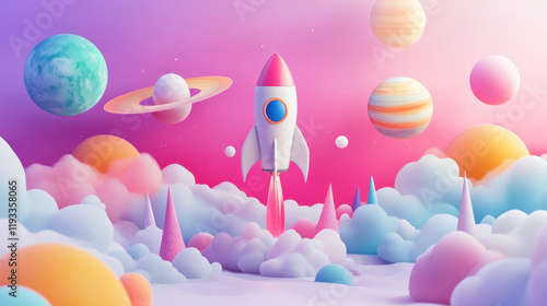 A vibrant pastel landscape showcases a whimsical rocket launching into a dreamy space filled with colorful planets and fluffy clouds. Soft hues create a magical atmosphere.