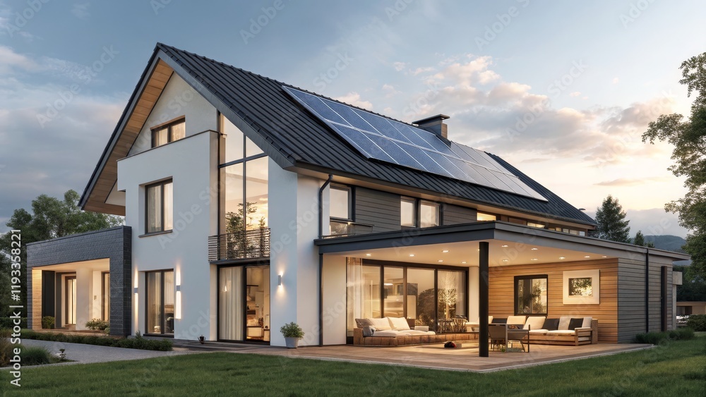 Modern Solar House Dusk Exterior, A-Frame Design, 3D Rendering, Sustainable Architecture, Eco-Friendly Home Sustainable Housing, Solar Panel Modern Solar House Dusk Exterior, A-Frame Design, 3D Rendering, Sustainable Architecture, Eco-Friendly Home Sustainable Housing, Solar Panel