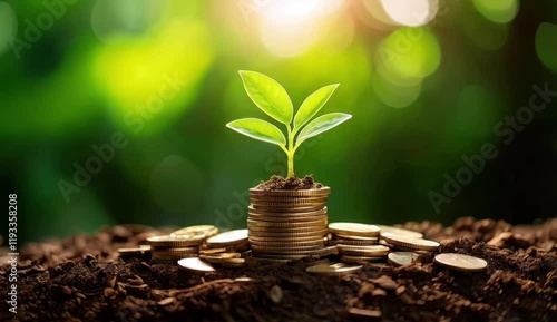 Seedlings growing in a pile of coins lying on the ground. Green investment concept, Increasing money to invest. sustainable investment. financial growth and interest concept.