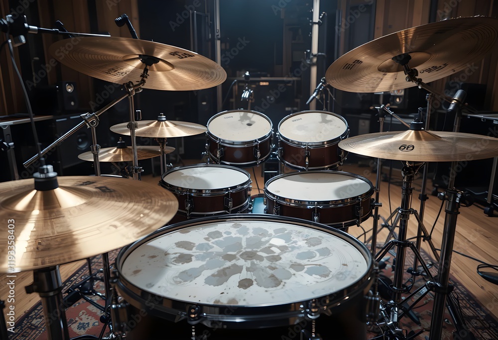 Drum set in a music studio with details Drum set in a music studio with details