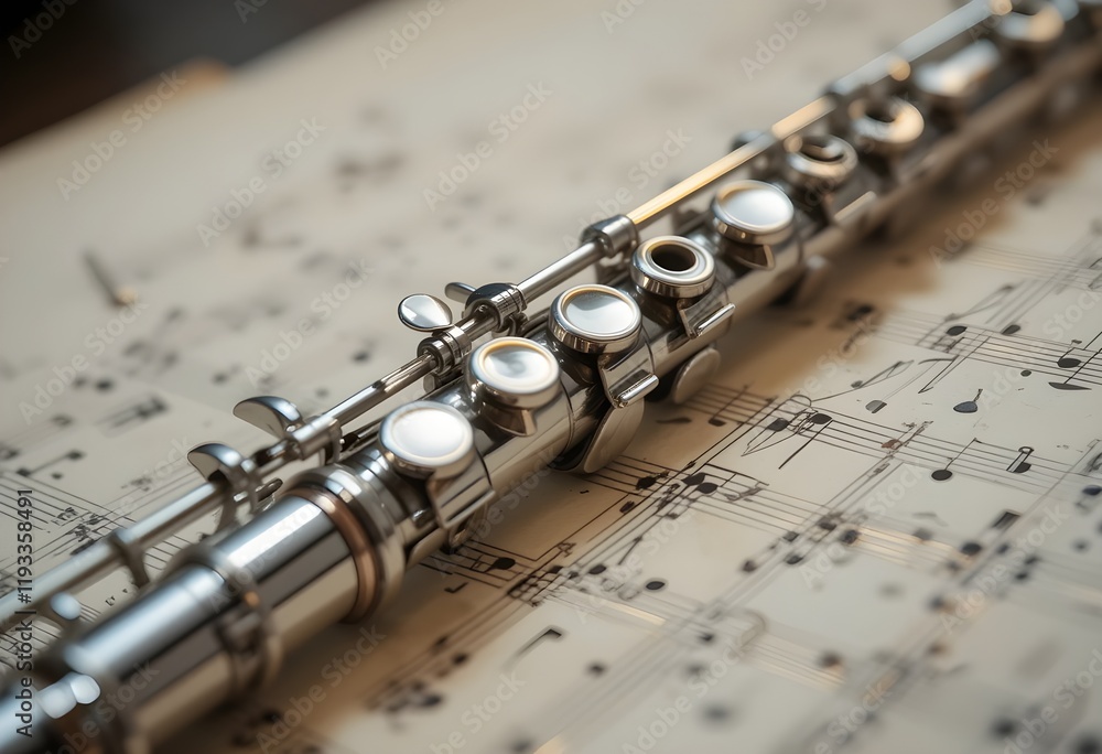 Fototapeta premium Silver flute on a musical score