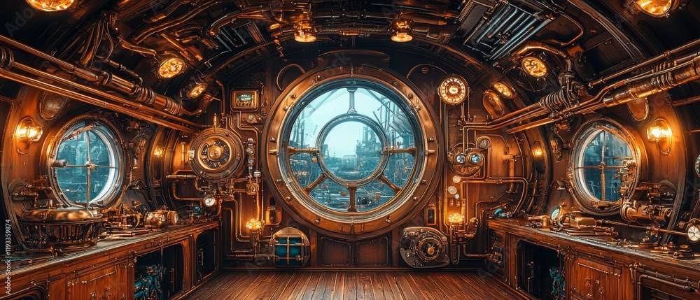 Fototapeta premium Steampunk airship interior with polished brass and futuristic control panel for scifi design and decor