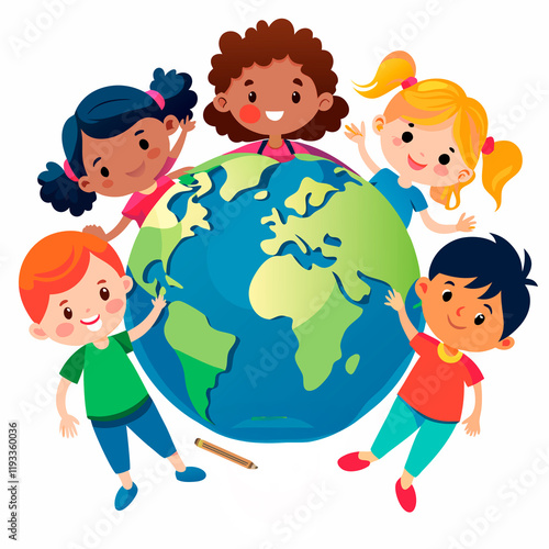 A colorful illustration of happy children from diverse backgrounds holding hands around a globe, symbolizing unity and global friendship, on a white background with copy space.
