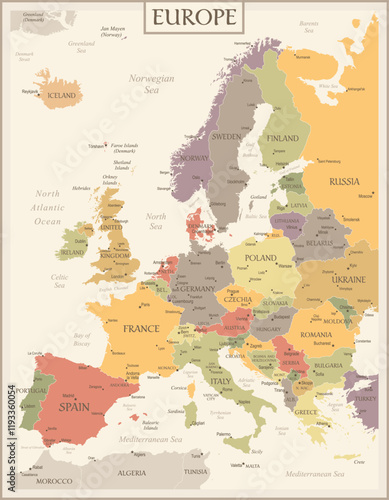 Europe Map Retro Vintage Ancient - stock vector colored illustration with layers