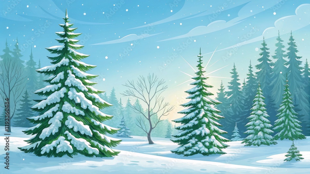 Obraz premium Snowy Winter Forest Landscape Digital Painting of Snow-Covered Pine Trees at Sunrise, Winter Wonderland, Christmas Scene Winter scene, Christmas art