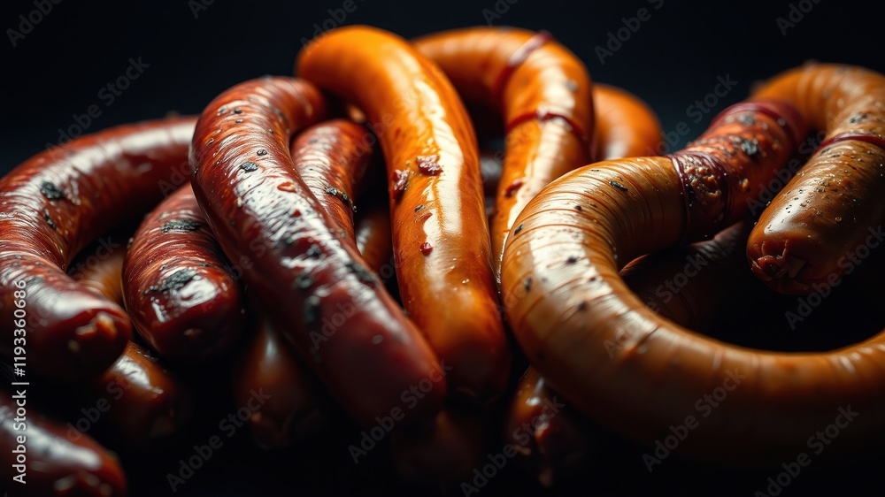 Aromatic Smoked Sausages in a Close-Up Shot Showing Rich Colors and Textures Aromatic Smoked Sausages in a Close-Up Shot Showing Rich Colors and Textures