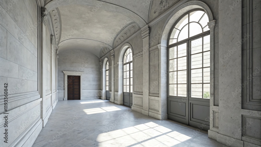 Sunlit Classical Hallway Architectural Rendering, Marble Floor, Grey Walls, Arch Windows, Interior Design Classical Architecture, Interior Design