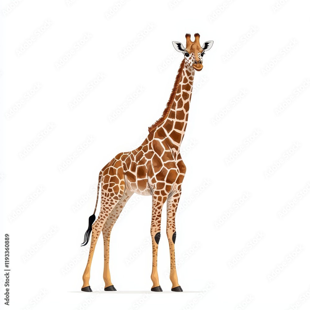 Obraz premium Elegant Giraffe Standing Tall with Distinctive Patterns and Graceful Posture Against Clean White Background in a Contemporary Illustrative Style