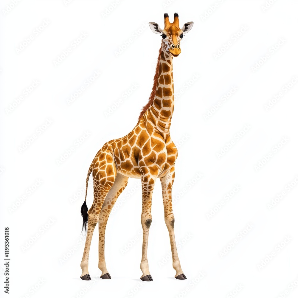 Fototapeta premium Realistic Illustration of a Standing Giraffe with Unique Patterned Coat Against a White Background for Wildlife and Nature Themes