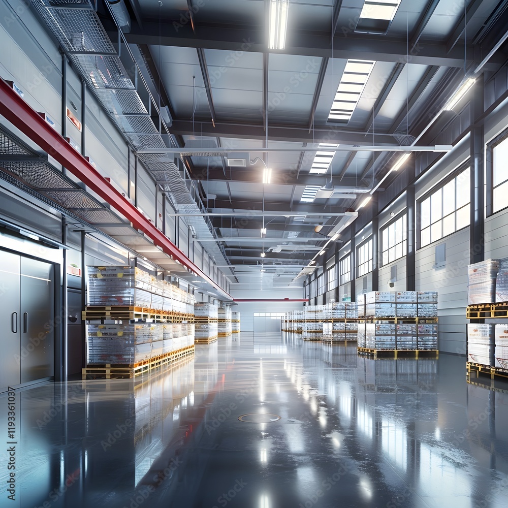 Obraz premium Pristine Food Storage Warehouse with Advanced Climate Control and Optimal Pallet Placement
