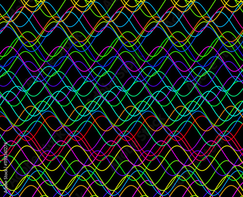 many sinusoidal lines with fixed frequency colored in various colors type for scanning the signal with an oscilloscope on black screen