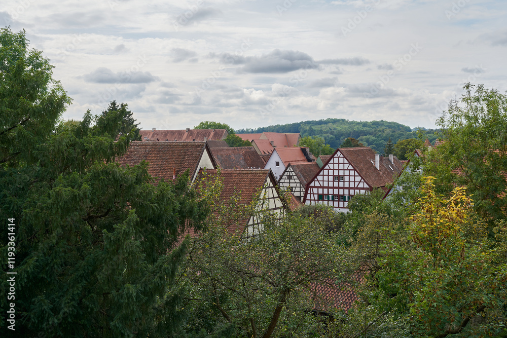 Fototapeta premium Blick von der alten Stadtmauer auf liebevoll saniert Fachwerkhäuser in Rothenburg ob der Tauber in Deutschland 