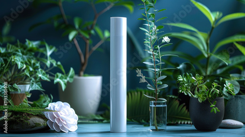 Minimalist Cosmetic Bottle Surrounded by Green Plants  
