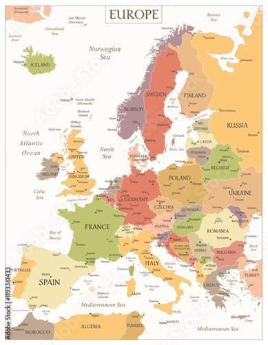 Europe Map Retro Vintage Ancient - stock vector colored illustration with layers