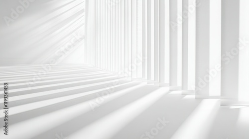 Sunlight casting shadows through vertical blinds on a minimalist white wall.