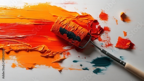 A paint roller glides across a white surface, leaving a trail of vibrant orange and red paint, embodying the creative process and joy of artistic expression.