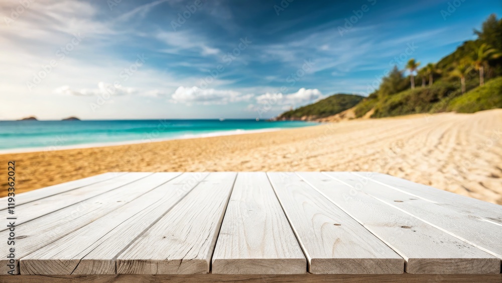 Fototapeta premium White Wooden Beach Tabletop Tropical Ocean View, Summer Concept,Horizontal Composition Beach Photography, Summer Background