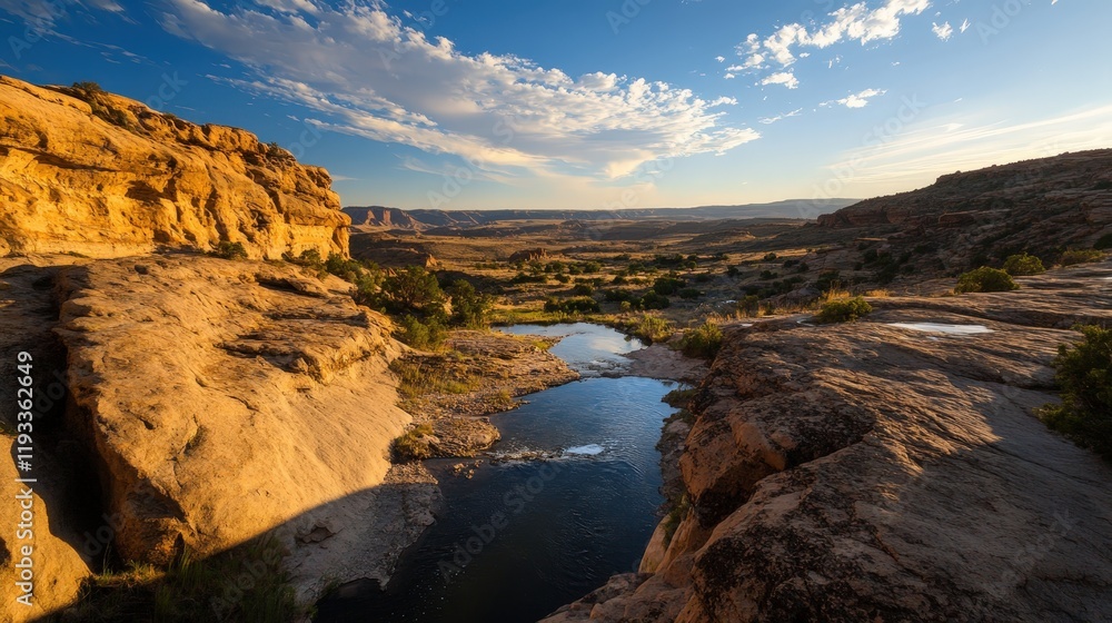 Naklejka premium An awe-inspiring landscape showcases rocky outcrops beneath a radiant sunset sky, portraying the beauty of nature and the tranquility of vast wilderness, inviting contemplation.