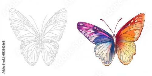 Wallpaper Mural An artistic butterfly goes from a simple line drawing to a vivid, colorful illustration, highlighting the beauty of creativity and transformation Torontodigital.ca