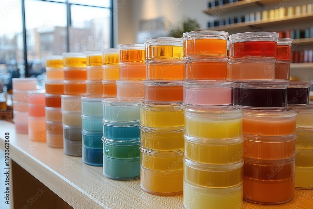 glass containers filled with vibrant product samples, showcasing creative packaging and design elements, emphasizing modern trends in product marketing and branding aesthetics glass containers filled with vibrant product samples, showcasing creative packaging and design elements, emphasizing modern trends in product marketing and branding aesthetics