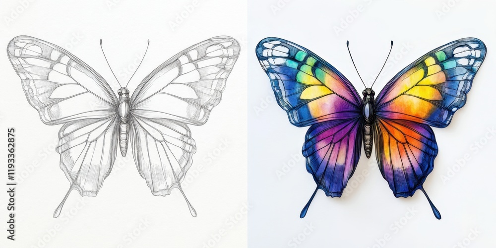 A pencil sketch of a butterfly transitions into a colorful, intricately painted version, showcasing artistic talent and creativity in butterfly illustration A pencil sketch of a butterfly transitions into a colorful, intricately painted version, showcasing artistic talent and creativity in butterfly illustration