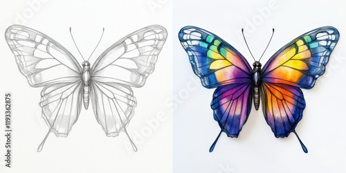 Wallpaper Mural A pencil sketch of a butterfly transitions into a colorful, intricately painted version, showcasing artistic talent and creativity in butterfly illustration Torontodigital.ca