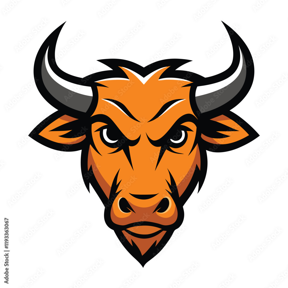 Fototapeta premium A bold and dynamic ox-head mascot logo, featuring strong horns, fierce eyes, and a powerful stance, symbolizing strength, determination, and resilience.