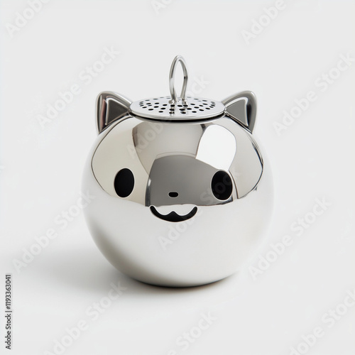 stainless steel cat-shaped tea infuser on a white background, modern tea accessory