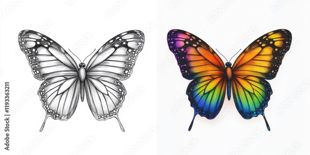 Obraz premium A stunning artwork features two butterflies, one in detailed black and white shading and the other in a bright, colorful gradient, capturing their beauty