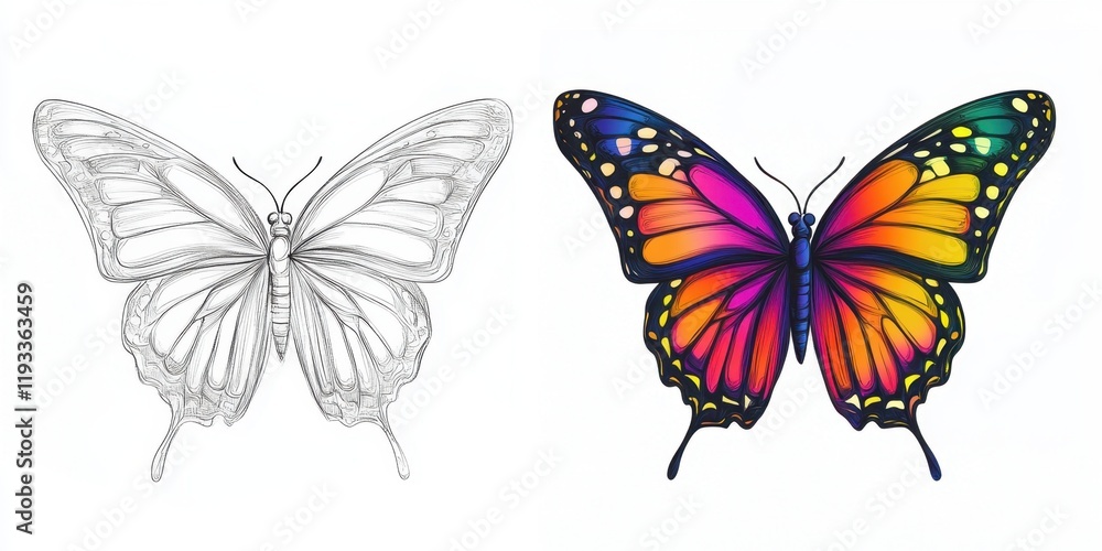 Obraz premium A detailed sketch of a butterfly evolves into a vibrant, colorful depiction, showcasing nature's beauty and the artistry of transformation and imagination