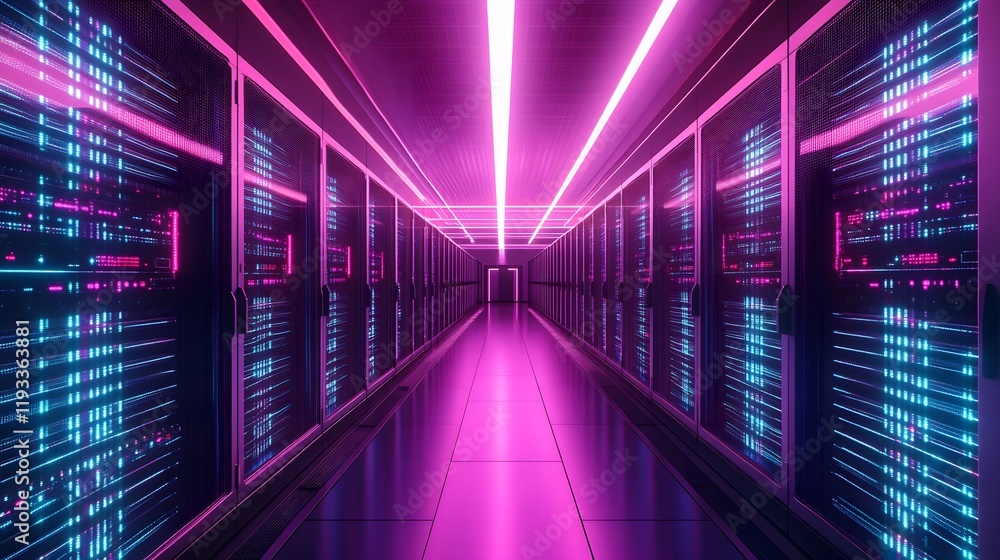 Neon Lit Server Room Data Center Corridor Neon Lit Server Room Data Center Corridor