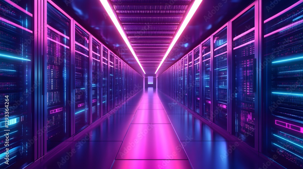 Neon Lit Server Room Data Center Corridor Neon Lit Server Room Data Center Corridor